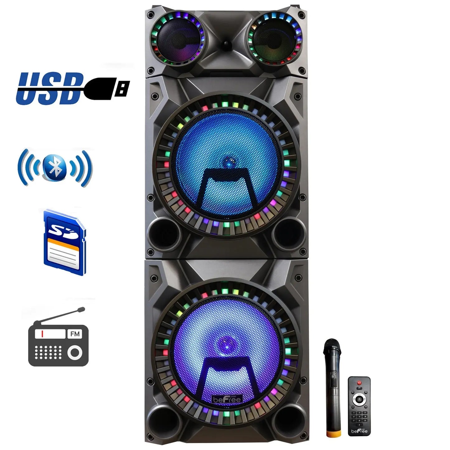 beFree Sound Rechargeable Bluetooth 12inch Double Subwoofer Portable Party Speaker with Dual Layer Reactive Party Lights, USB, SD and AUX Inputs with FM Radio - Egypt Seller