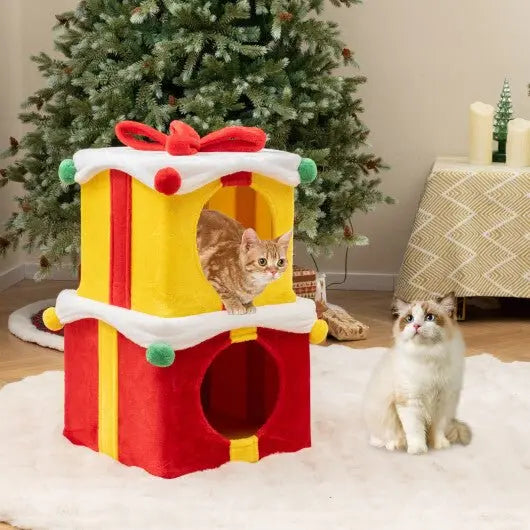 2 Gift Box Shaped Cute Christmas Cat House with Bow - Multicolor - Egypt Seller