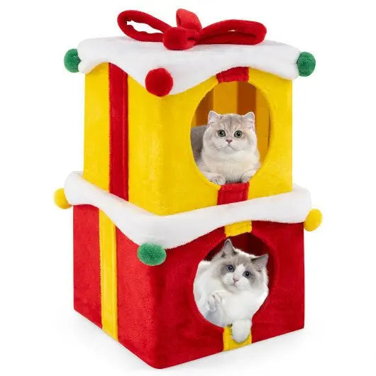 2 Gift Box Shaped Cute Christmas Cat House with Bow - Multicolor - Egypt Seller