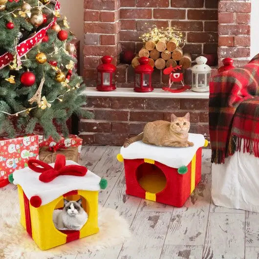 2 Gift Box Shaped Cute Christmas Cat House with Bow - Multicolor - Egypt Seller