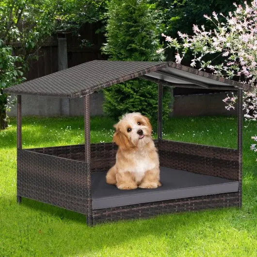 Outdoor Wicker Dog House with Weatherproof Roof - Gray - Color: Gray - Egypt Seller