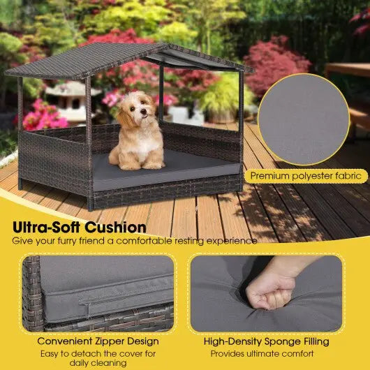 Outdoor Wicker Dog House with Weatherproof Roof - Gray - Color: Gray - Egypt Seller