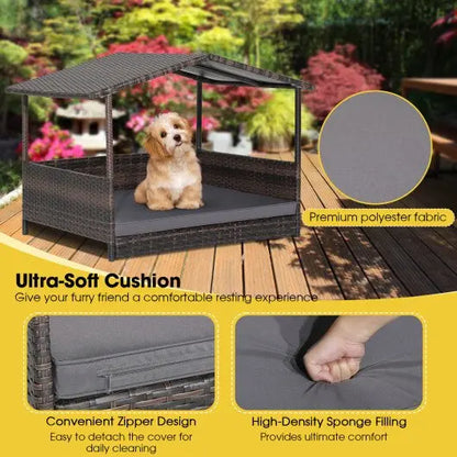 Outdoor Wicker Dog House with Weatherproof Roof - Gray - Color: Gray - Egypt Seller